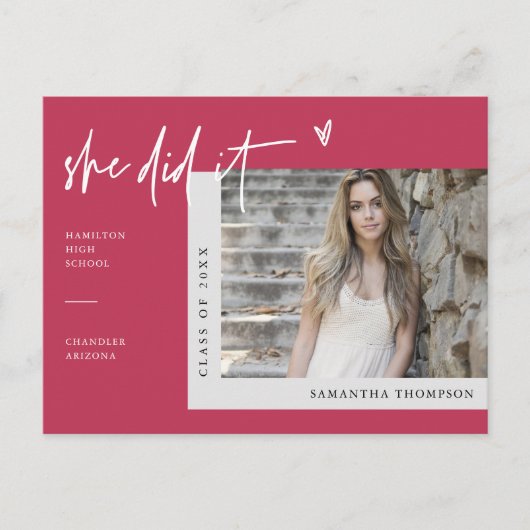 Viva Magenta Minimale Foto Ze maakte het Afstudere Briefkaart (Voorkant)