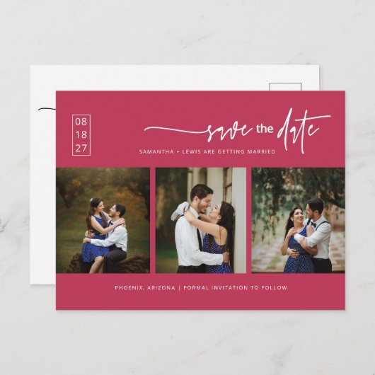 Viva Magenta Minimale QR-fotocode Opslaan datum Briefkaart (Voorkant / Achterkant)