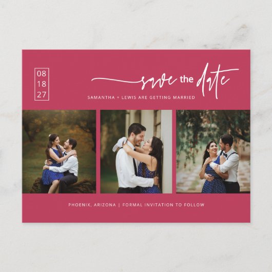 Viva Magenta Minimale QR-fotocode Opslaan datum Briefkaart (Voorkant)