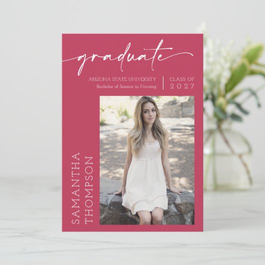 Viva Magenta Minimalist Two Photo Graduparty Kaart (Staand voorkant)
