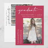 Viva Magenta Minimalist Two Photo Graduparty Kaart (Voorkant / Achterkant)
