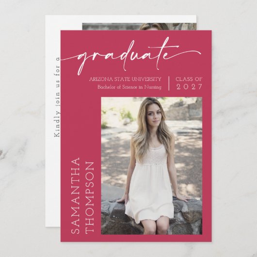 Viva Magenta Minimalist Two Photo Graduparty Kaart (Voorkant / Achterkant)