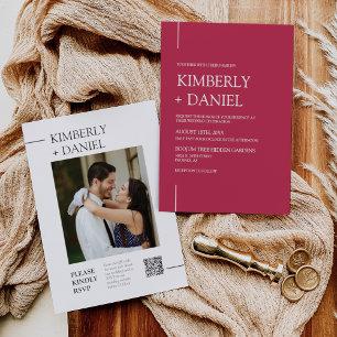 Viva Magenta Moderne Minimale bruiloft QR Code Fot Kaart