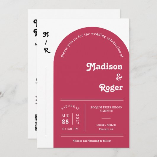 Viva Magenta Retro Arch Photo QR Code RSVP Groovy Kaart (Voorkant / Achterkant)