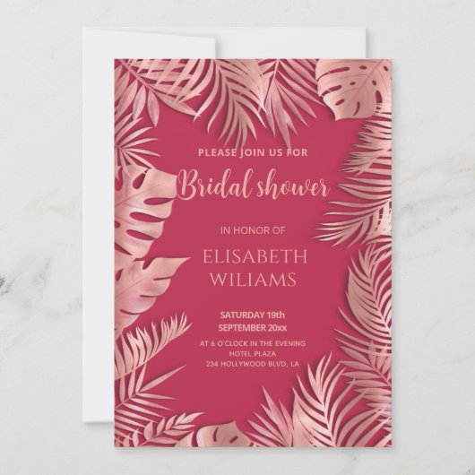 Viva magenta roos gouden tropische bladeren romant kaart (Voorkant)