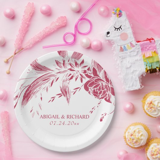 Viva magenta roze en witte bloemen bruiloft papieren bordje (Feest)