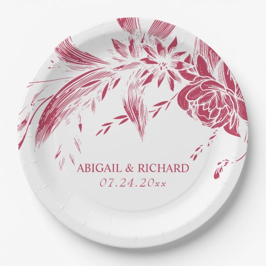 Viva magenta roze en witte bloemen bruiloft papieren bordje (Voorkant)