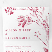 Viva magenta roze lijn kunst bloemen foto bruiloft drieluik uitnodiging (Binnenzijde eerst)