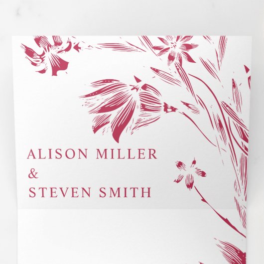 Viva magenta roze lijn kunst bloemen foto bruiloft drieluik uitnodiging (Binnenzijde eerst)