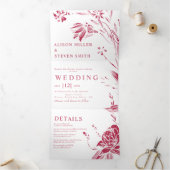 Viva magenta roze lijn kunst bloemen foto bruiloft drieluik uitnodiging (Binnen)