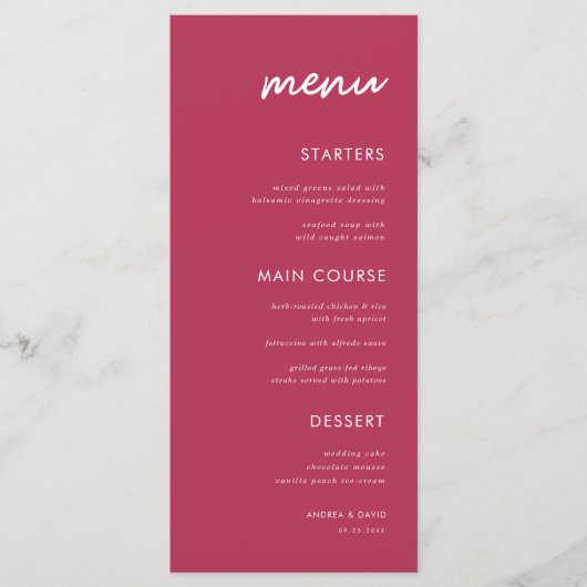 Viva Magenta Vibrant Minimalist Weddenrennen Manne Menu (Voorkant)