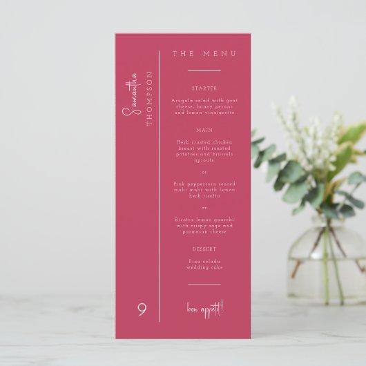 Viva Magenta Wedding Bedankt Menu Plaatskaart (Staand voorkant)