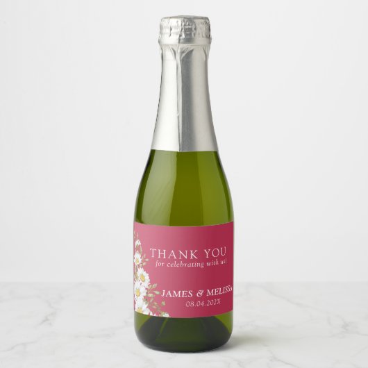 Viva Magenta & White Daisies Wedding Sparkling Wijnetiket (Voorkant)
