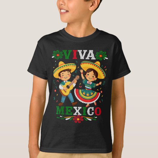 Viva Mexico Cute Cartoon Mexican Boy &amp; Girl In T-shirt (Voorkant)