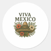 Viva Mexico Floral Sombrero Illustratie Ronde Sticker (Voorkant)