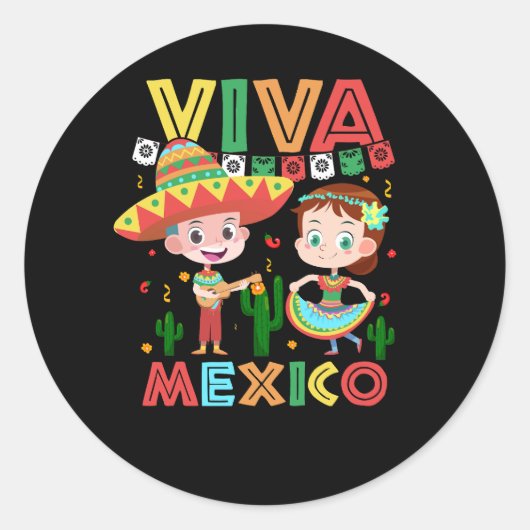 Viva Mexico Jongen Meisje Maracas Gitaar Mexicaans Ronde Sticker (Voorkant)