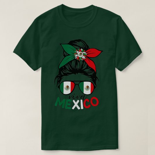 Viva Mexico Messy Bun met Bandana en Glasses Mex T-shirt (Design voorkant)