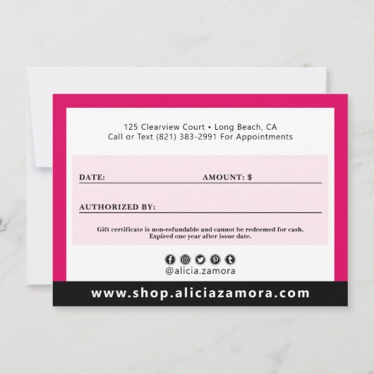 Viva Modern Magenta Mode Cadeaubon Kaart (Achterkant)
