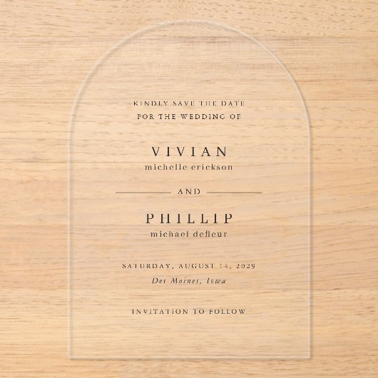 Vivian Simple Elegant Wedding Save the Date Acryl Uitnodigingen (Voorkant)