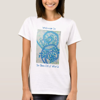 Vivid blauwe abstracte spiraaltjes en planten t-shirt