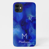 Vivid Blue-gemarmerde alcoholinkt monogram Case-Mate iPhone Case (Achterkant)