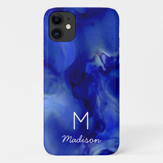 Vivid Blue-gemarmerde alcoholinkt monogram Case-Mate iPhone Case (Achterkant)