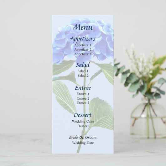 Vivid Blue Hydrangea Wedding Menu (Staand voorkant)