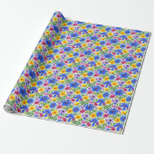 Vivid Blue Yellow Red Purple Flowers Pattern Cadeaupapier (Uitgerold)