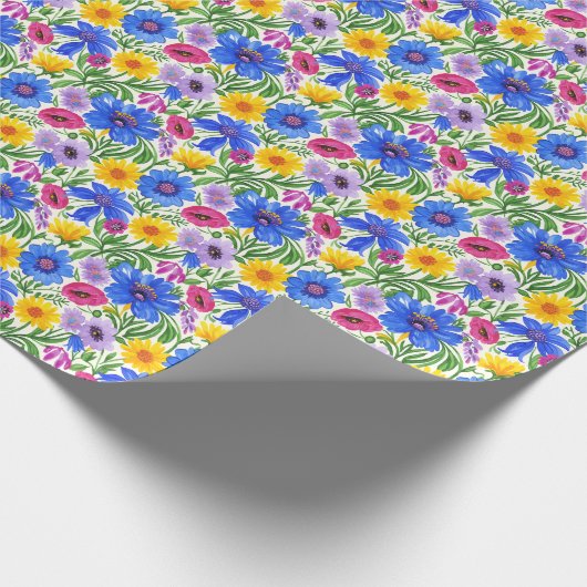 Vivid Blue Yellow Red Purple Flowers Pattern Cadeaupapier (Hoek)