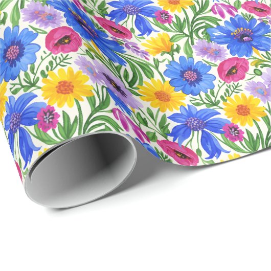 Vivid Blue Yellow Red Purple Flowers Pattern Cadeaupapier (Rol Hoek)