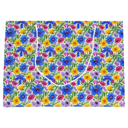 Vivid Blue Yellow Red Purple Flowers Pattern Groot Cadeauzakje (Voorkant)