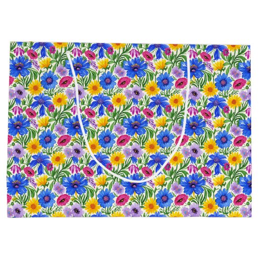 Vivid Blue Yellow Red Purple Flowers Pattern Groot Cadeauzakje (Achterkant)