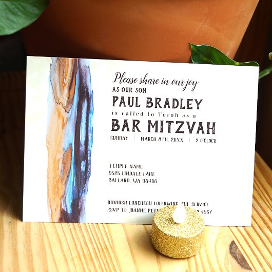 Vivid Caramel & Blue Bar Mitzvah Uitnodiging