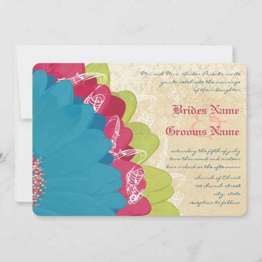 Vivid Coral Limoen & Grape Gerber Wedding Invite Kaart (Voorkant)