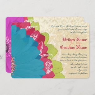 Vivid Coral Limoen & Grape Gerber Wedding Invite Kaart