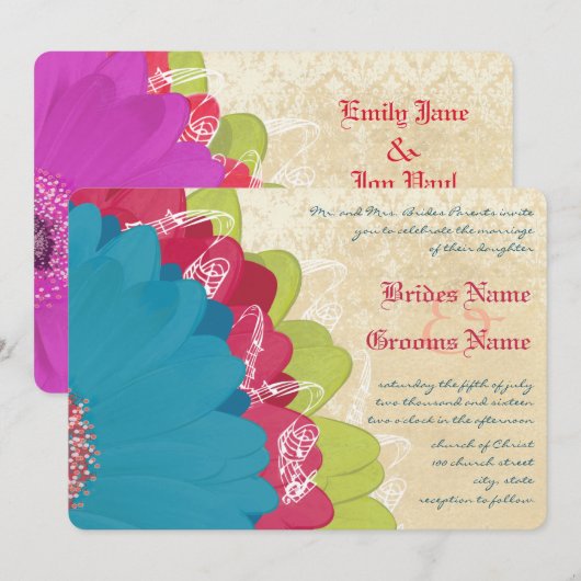 Vivid Coral Limoen & Grape Gerber Wedding Invite Kaart (Voorkant / Achterkant)