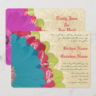 Vivid Coral Limoen & Grape Gerber Wedding Invite Kaart