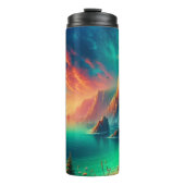 Vivid Fiery Digital Coastal Sunset Lighthouse Thermosbeker (Voorkant)