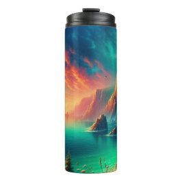 Vivid Fiery Digital Coastal Sunset Lighthouse Thermosbeker
