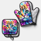 Vivid Kat Vibes Design Ovenwant & Pannenlap Set (Voorkant / Achterkant)