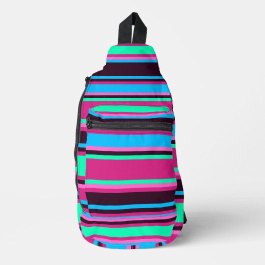 Vivid Magenta, Aqua en Blue Striped Naaitas Sling Bag (Voorkant)