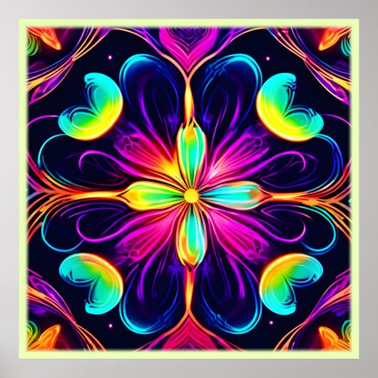 Vivid Neon Floral Mandala Art Poster (Voorkant)