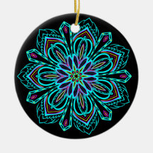 Vivid Neon Geometric Mandala over Black Bauble