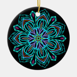 Vivid Neon Geometric Mandala over Black Bauble Keramisch Ornament