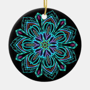 Vivid Neon Geometric Mandala over Black Bauble Keramisch Ornament