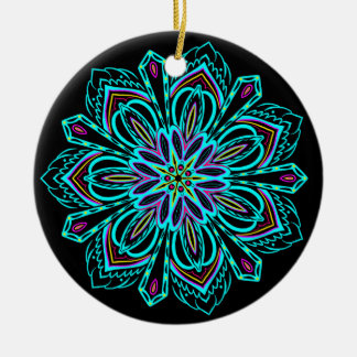 Vivid Neon Geometric Mandala over Black Bauble Keramisch Ornament