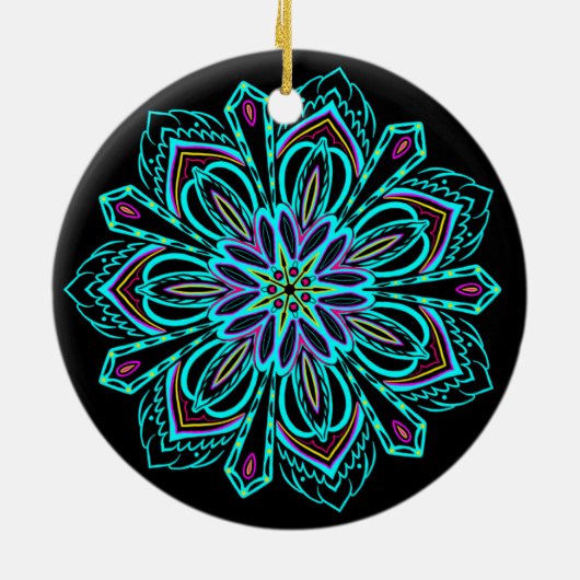 Vivid Neon Geometric Mandala over Black Bauble Keramisch Ornament (Achterkant)