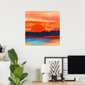Vivid Ocean Sunset in Fiery Oranje Poster (Thuiskantoor)