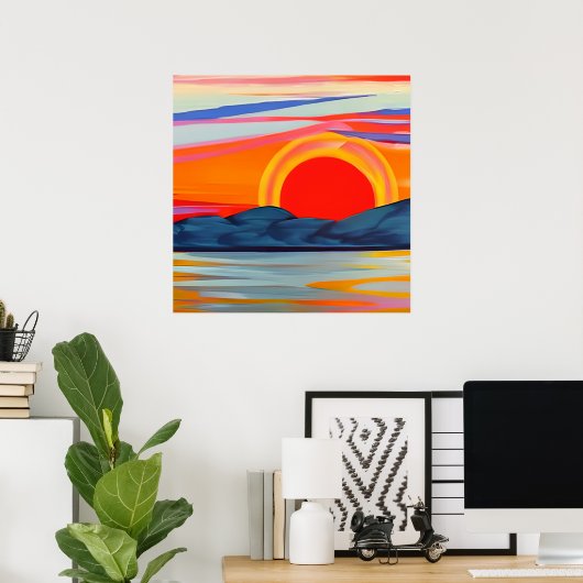 Vivid Ocean Sunset Over Mountains Poster (Thuiskantoor)
