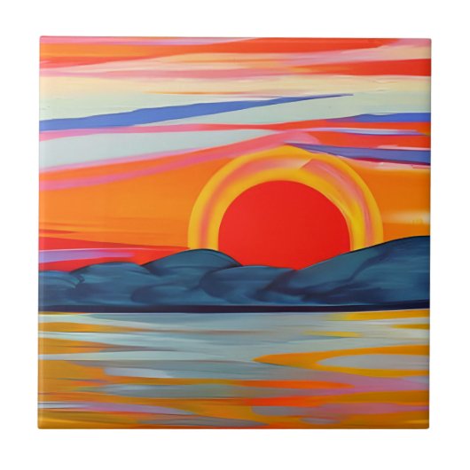 Vivid Ocean Sunset Over Mountains Tegeltje (Voorkant)